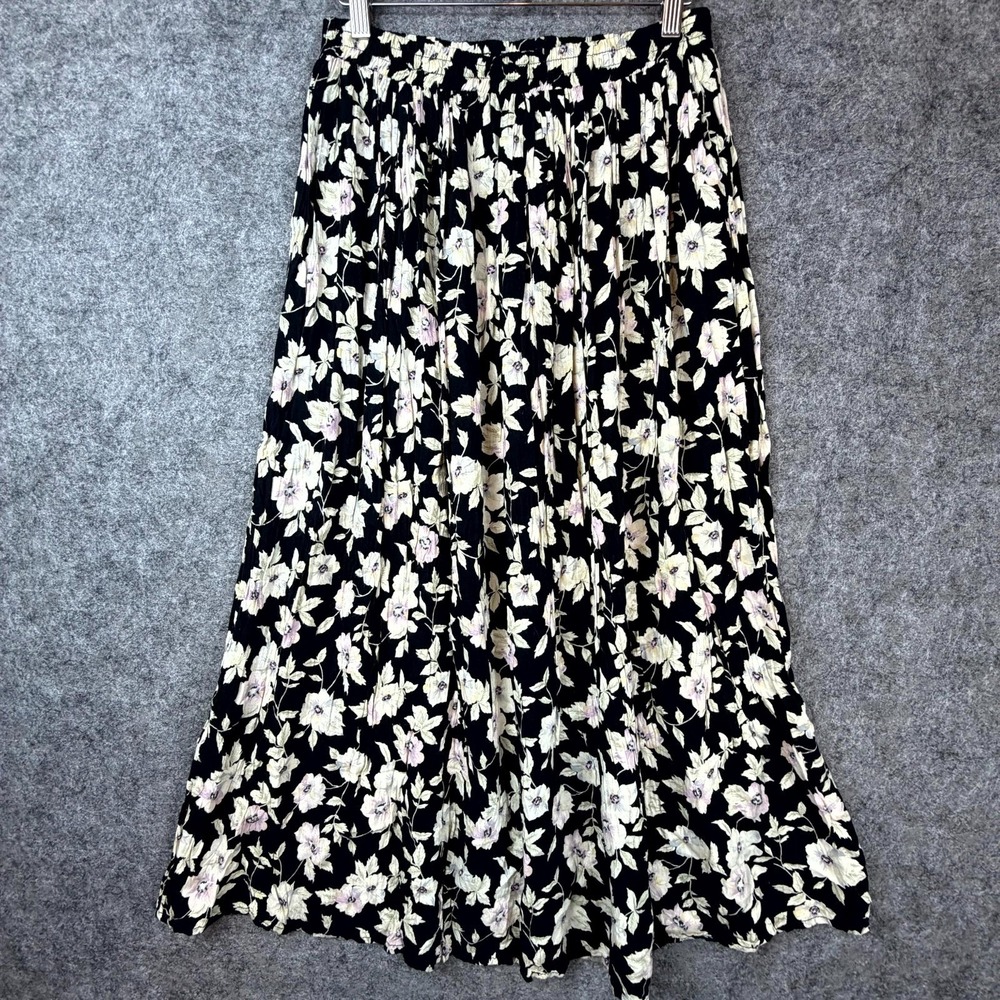 Vintage Clio Office Skirt Women Large Petite Black Floral Elastic Waist 90s Chic